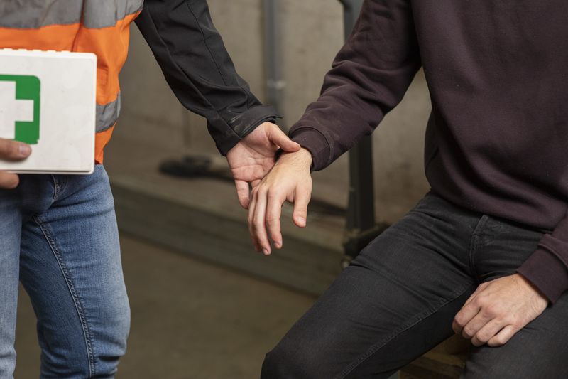 BHV'er met verbandtrommel verleent eerste hulp aan een medewerker